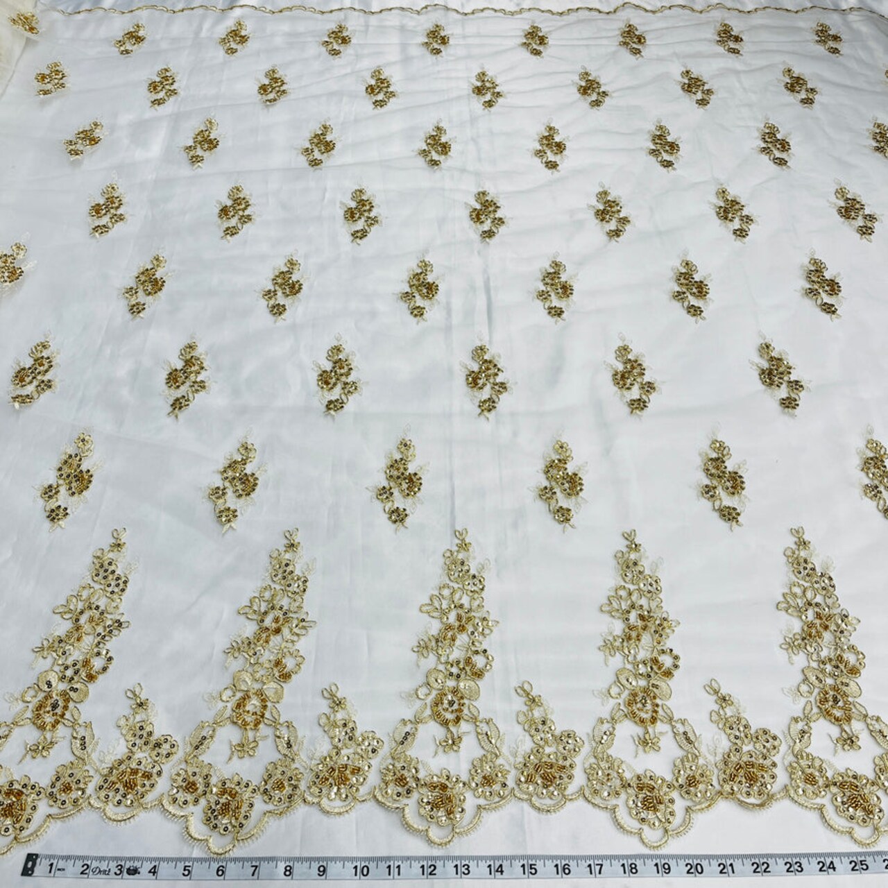 1 Yard Ivory Beaded and Corded Bridal Lace Fabric Embroidered on Polyester Net Mesh 54 Inch Width
